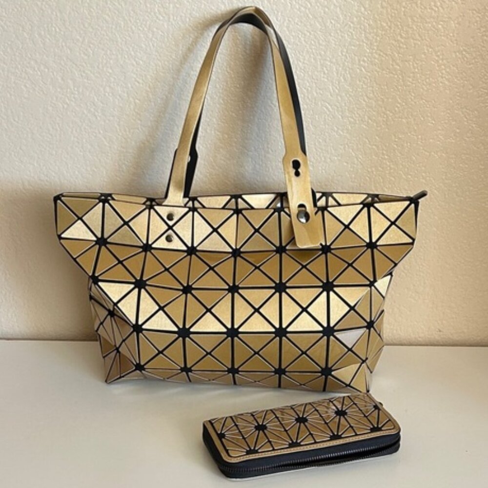 Geometric Gold Tote Bag Bao Bao Style + Wallet Set Metallic Statement Purse